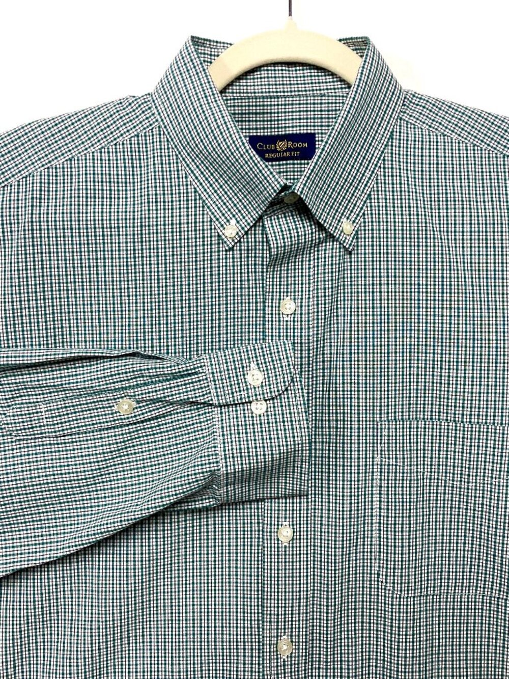 Men's Dress Shirt Club Room size 17 x 36 Green Black Plaid Cotton Button Up